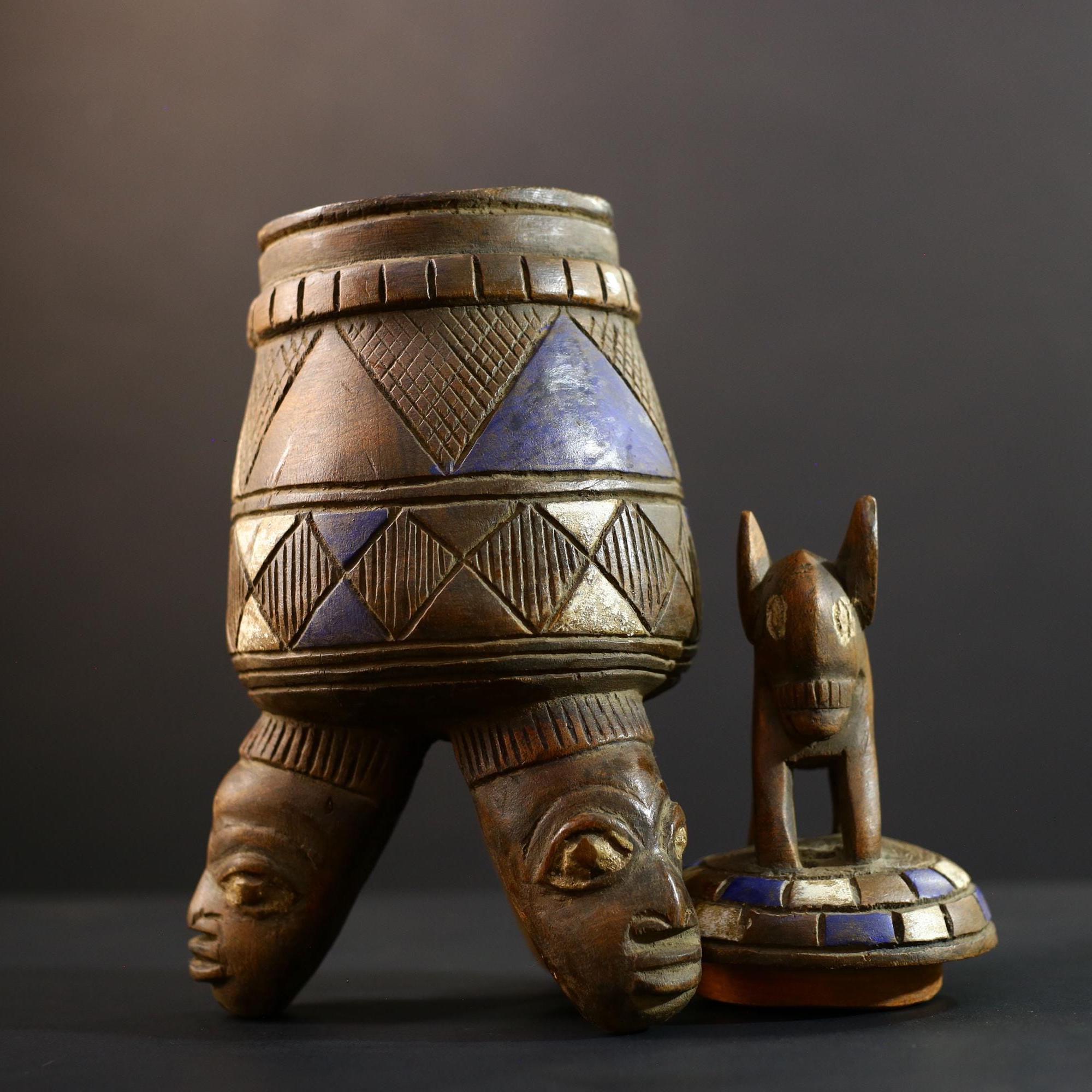 Africa Yoruba ceremonial vessel, carved altar jar with figure and heads, tribal ritual container, vintage ethnic wood shrine sculpture-G5347