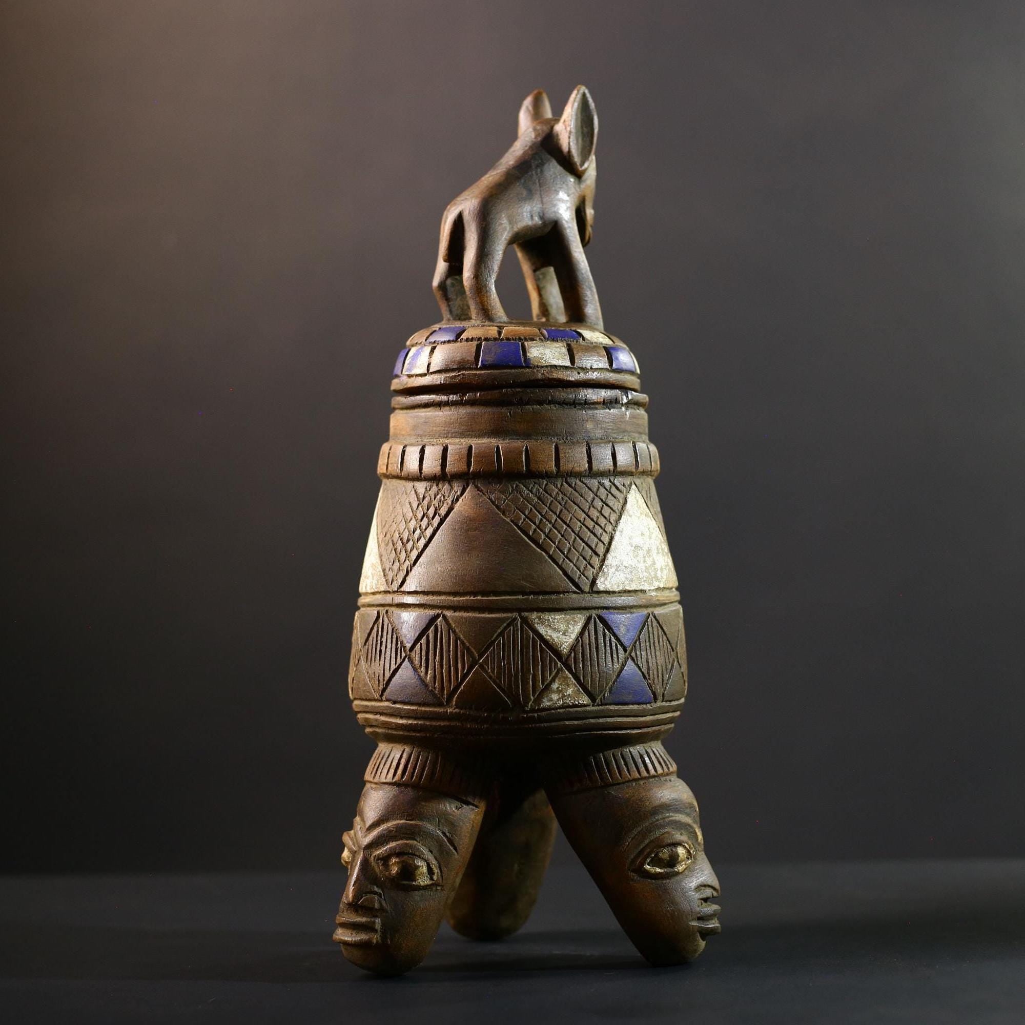 Africa Yoruba ceremonial vessel, carved altar jar with figure and heads, tribal ritual container, vintage ethnic wood shrine sculpture-G5347