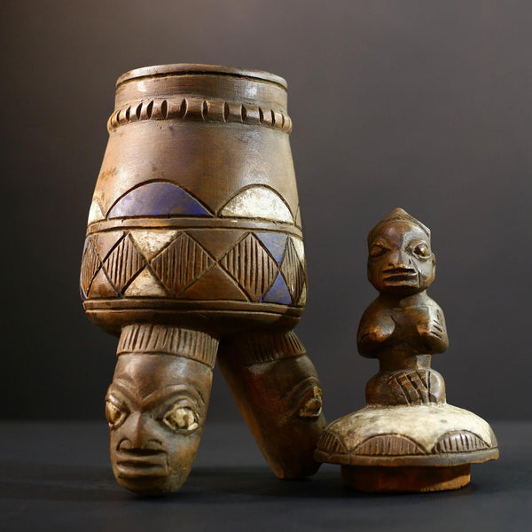 African Yoruba ritual jar, carved wooden shrine vessel with elephant lid, tribal ceremonial container, vintage altar sculpture decor-G5346