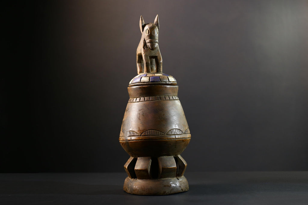 Africa Yoruba ceremonial vessel, carved altar jar with figure and heads, tribal ritual container, vintage ethnic wood shrine sculpture-G5345