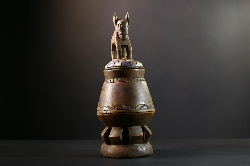 Africa Yoruba ceremonial vessel, carved altar jar with figure and heads, tribal ritual container, vintage ethnic wood shrine sculpture-G5345