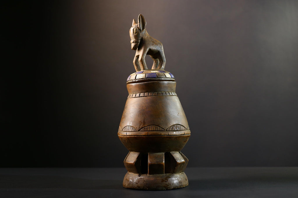 Africa Yoruba ceremonial vessel, carved altar jar with figure and heads, tribal ritual container, vintage ethnic wood shrine sculpture-G5345