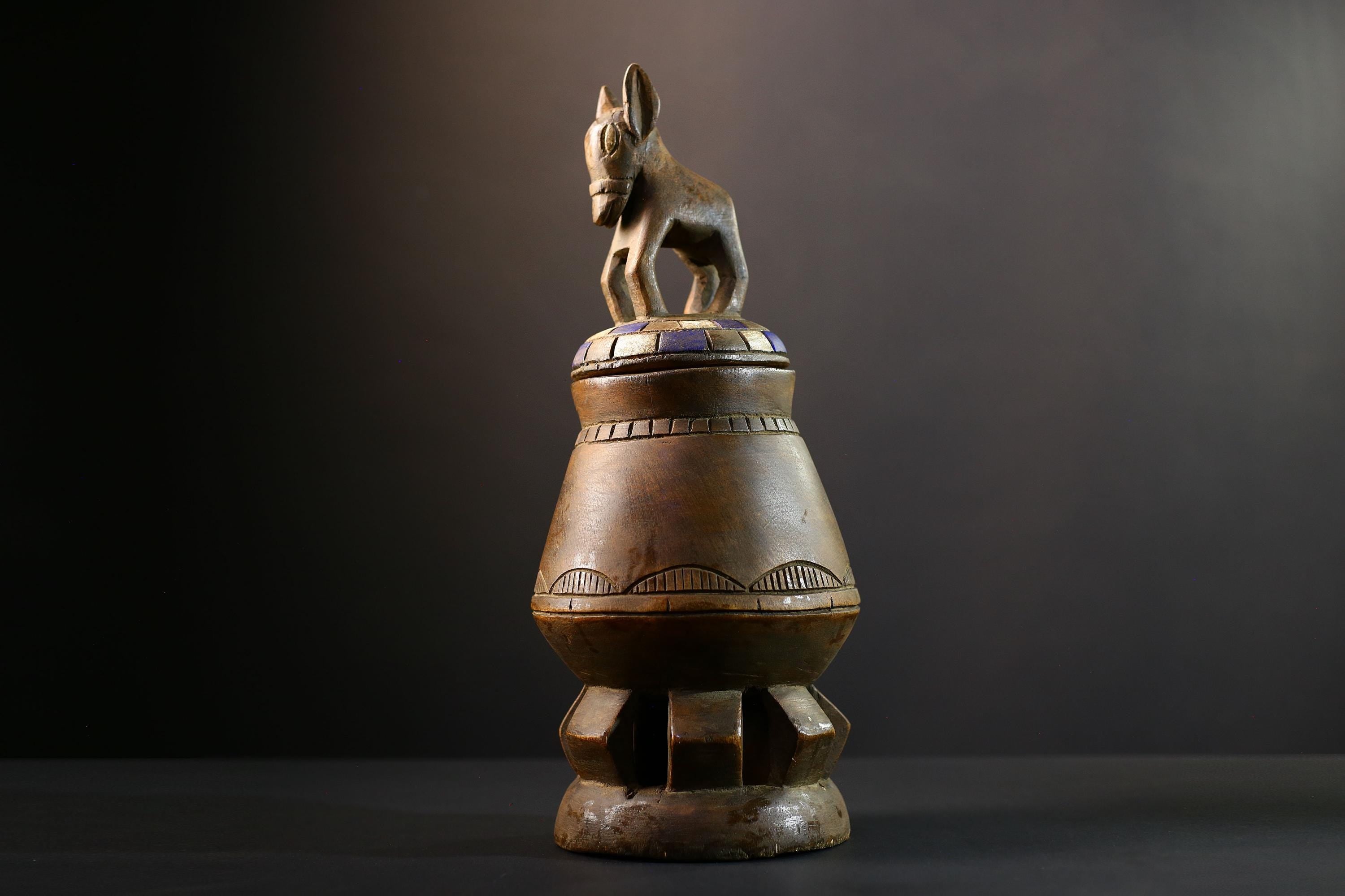 Africa Yoruba ceremonial vessel, carved altar jar with figure and heads, tribal ritual container, vintage ethnic wood shrine sculpture-G5345