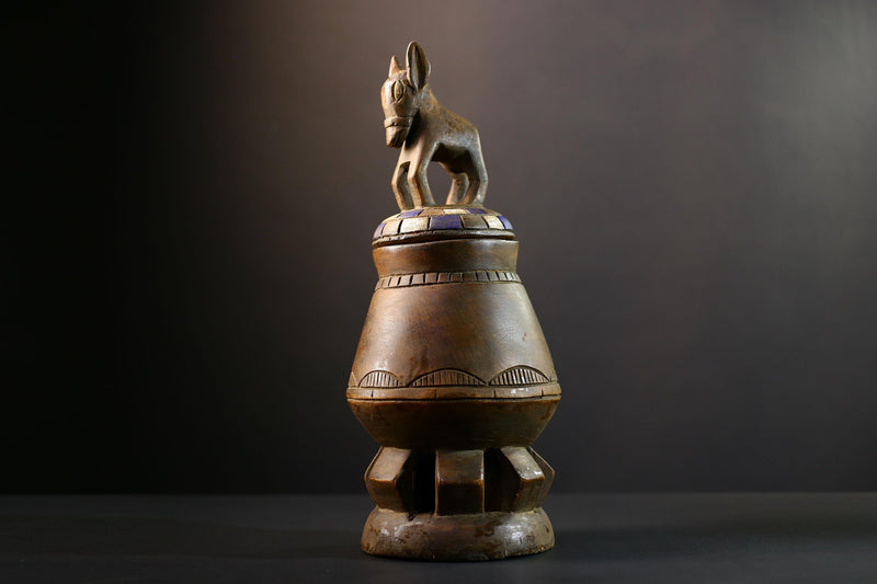 Africa Yoruba ceremonial vessel, carved altar jar with figure and heads, tribal ritual container, vintage ethnic wood shrine sculpture-G5345