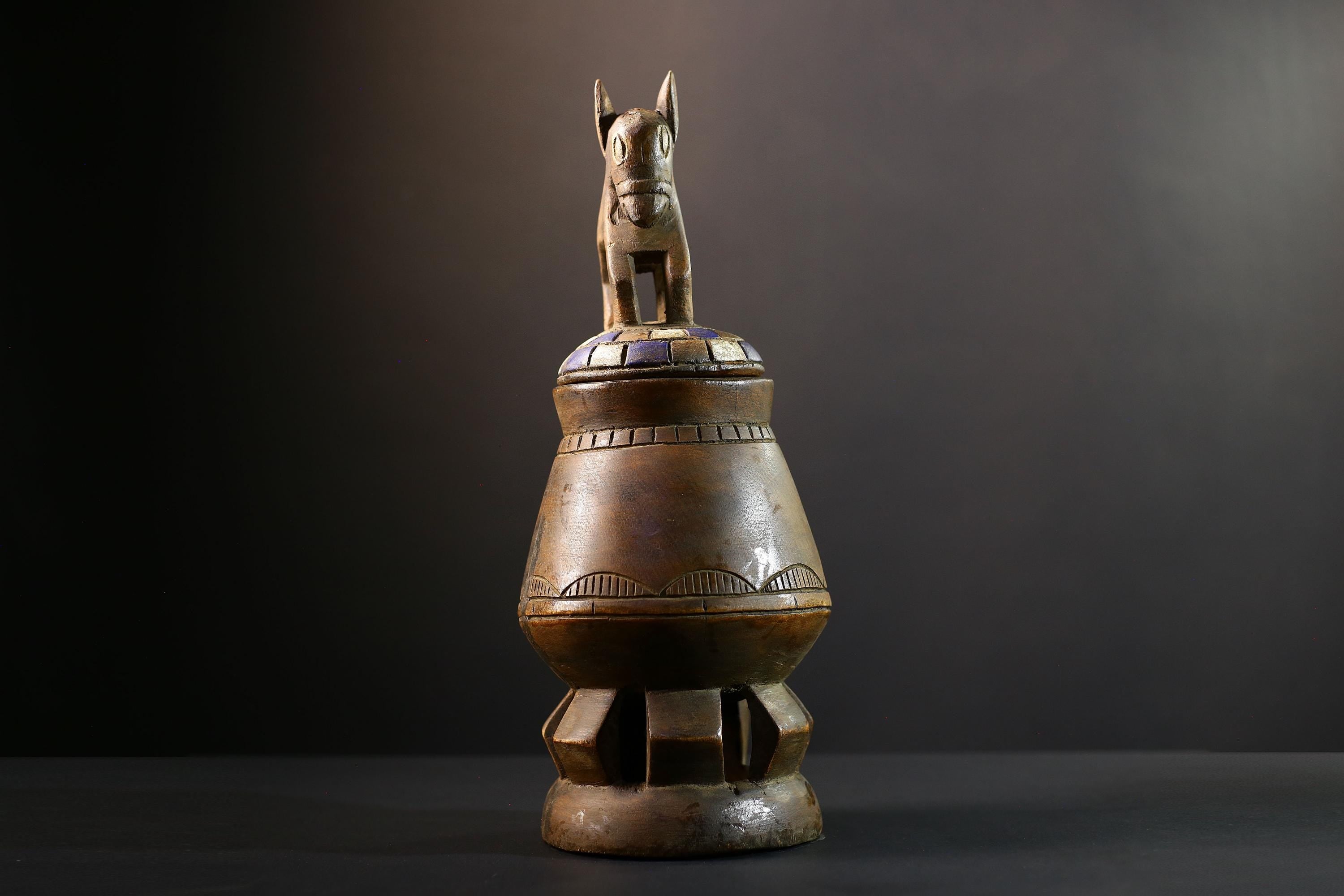 Africa Yoruba ceremonial vessel, carved altar jar with figure and heads, tribal ritual container, vintage ethnic wood shrine sculpture-G5345