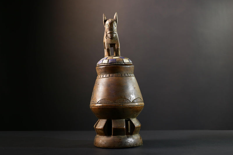 Africa Yoruba ceremonial vessel, carved altar jar with figure and heads, tribal ritual container, vintage ethnic wood shrine sculpture-G5345