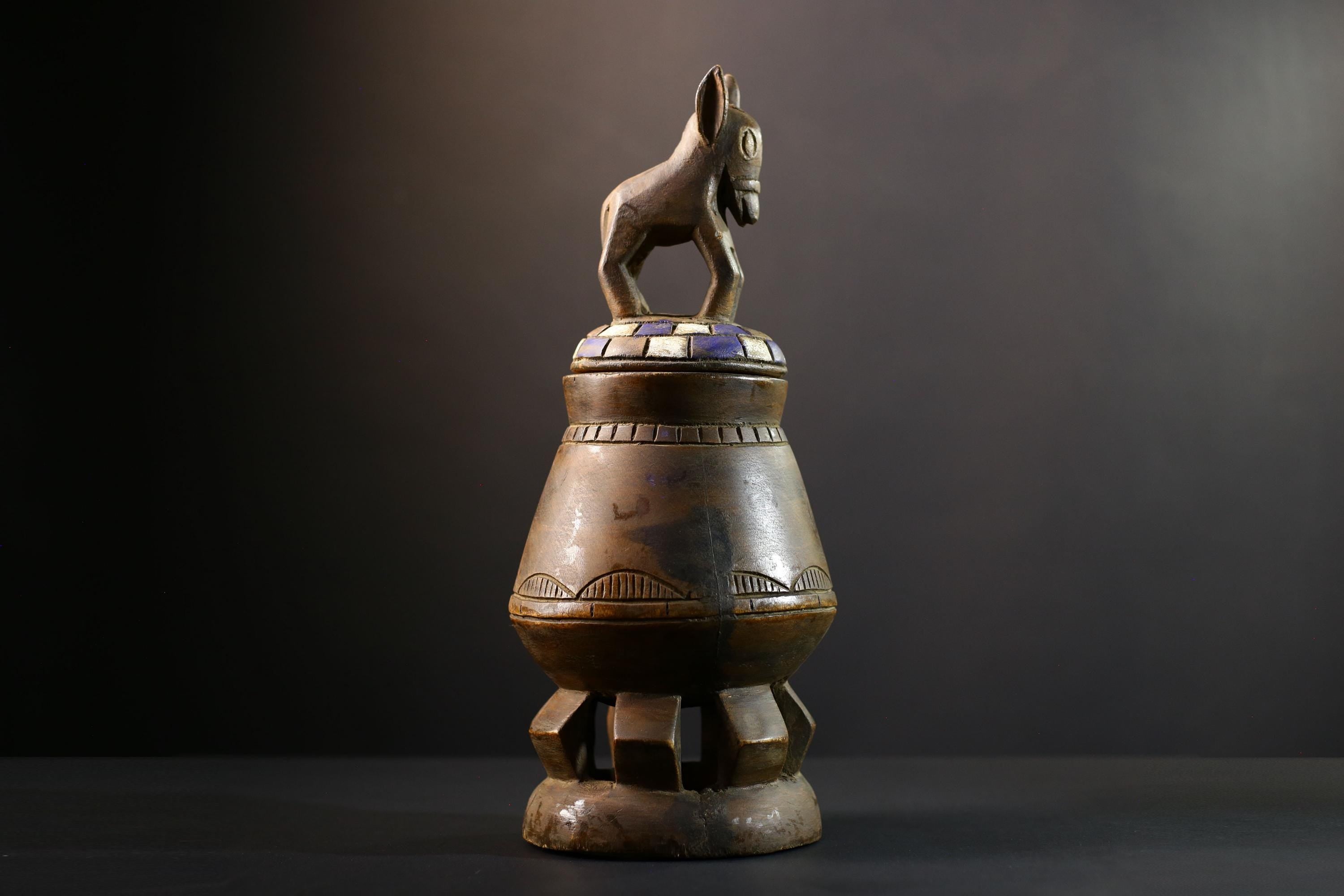 Africa Yoruba ceremonial vessel, carved altar jar with figure and heads, tribal ritual container, vintage ethnic wood shrine sculpture-G5345