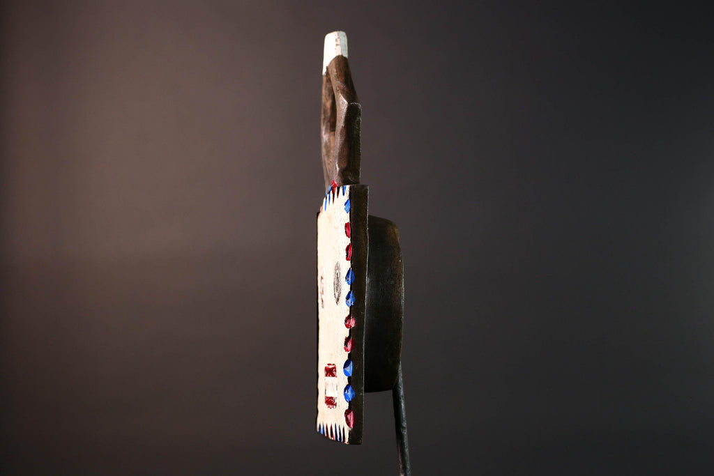 African wall mask Bwa tribal art wood face sculpture from Burkina Faso painted red blue white plank spirit mask with geometric crest G5468