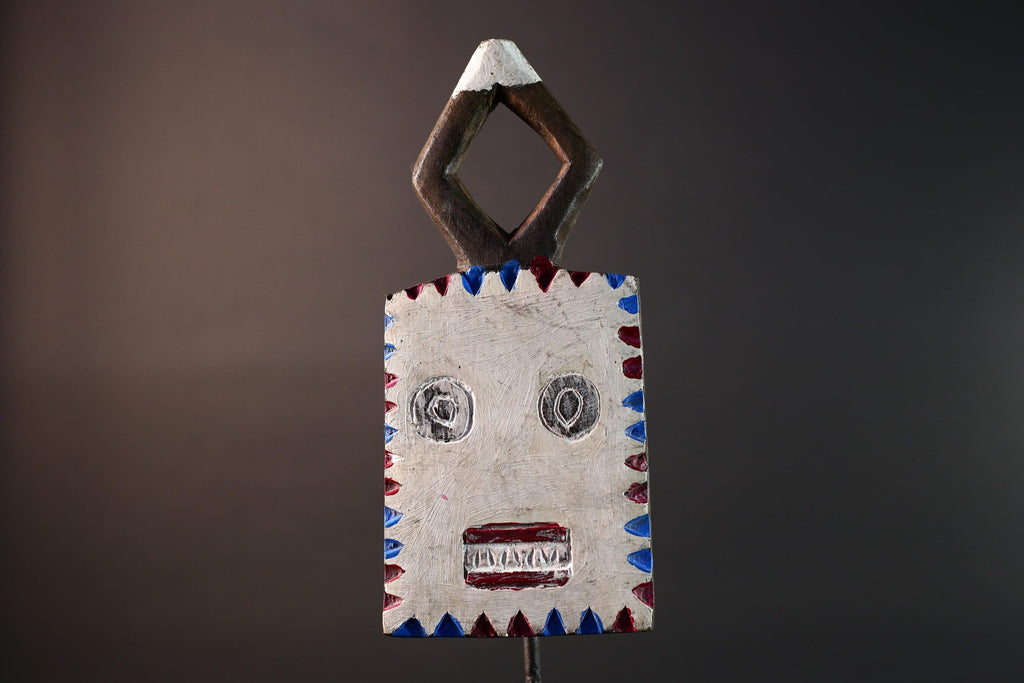 African wall mask Bwa tribal art wood face sculpture from Burkina Faso painted red blue white plank spirit mask with geometric crest G5468