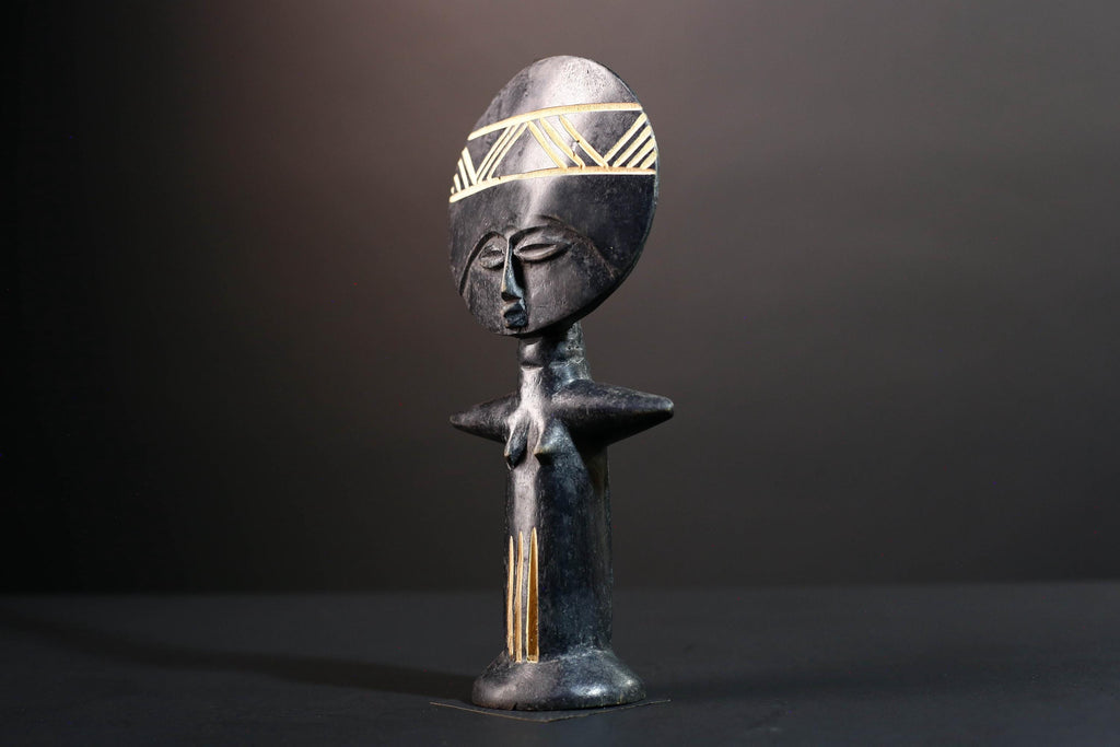 African fertility doll Ashanti Akuaba figure hand carved wood statue from Ghana traditional tribal art with symbolic geometric detail G5469
