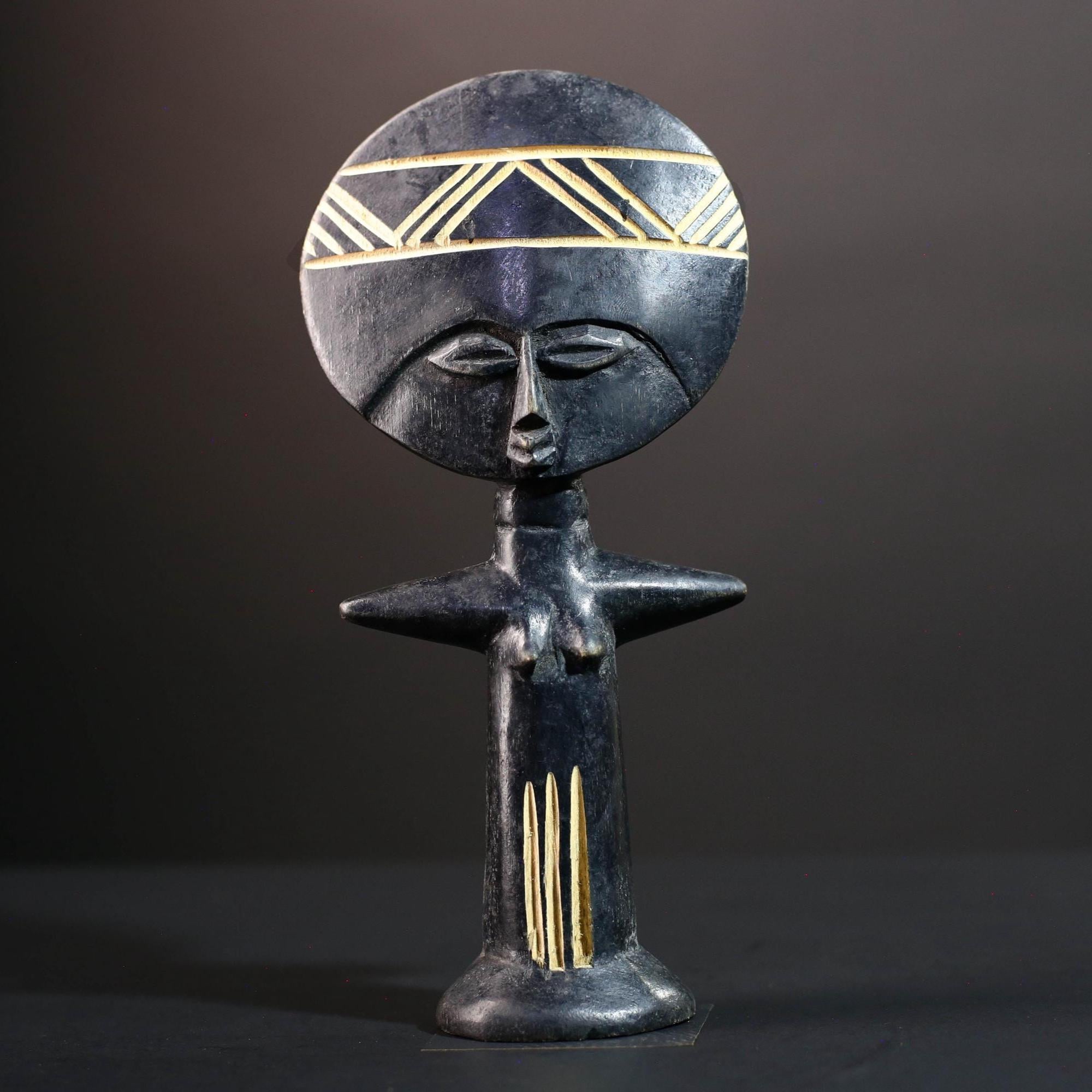 African fertility doll Ashanti Akuaba figure hand carved wood statue from Ghana traditional tribal art with symbolic geometric detail G5469
