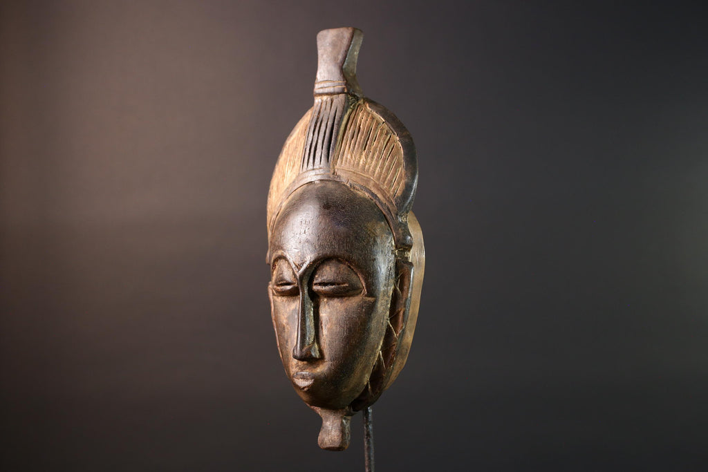 African Baule mask tribal carved wood face art from Ivory Coast traditional scarification and hairstyle design ceremonial wall decor G5470
