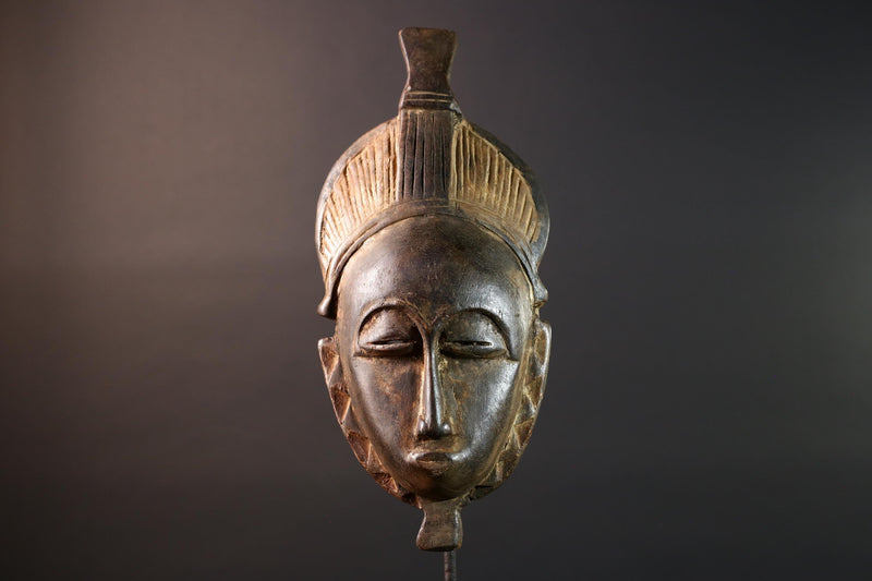 African Baule mask tribal carved wood face art from Ivory Coast traditional scarification and hairstyle design ceremonial wall decor G5470