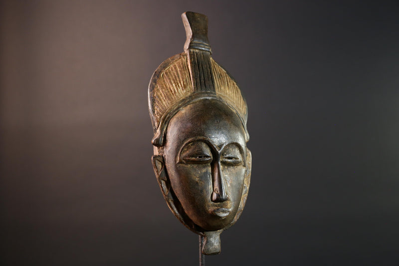 African Baule mask tribal carved wood face art from Ivory Coast traditional scarification and hairstyle design ceremonial wall decor G5470