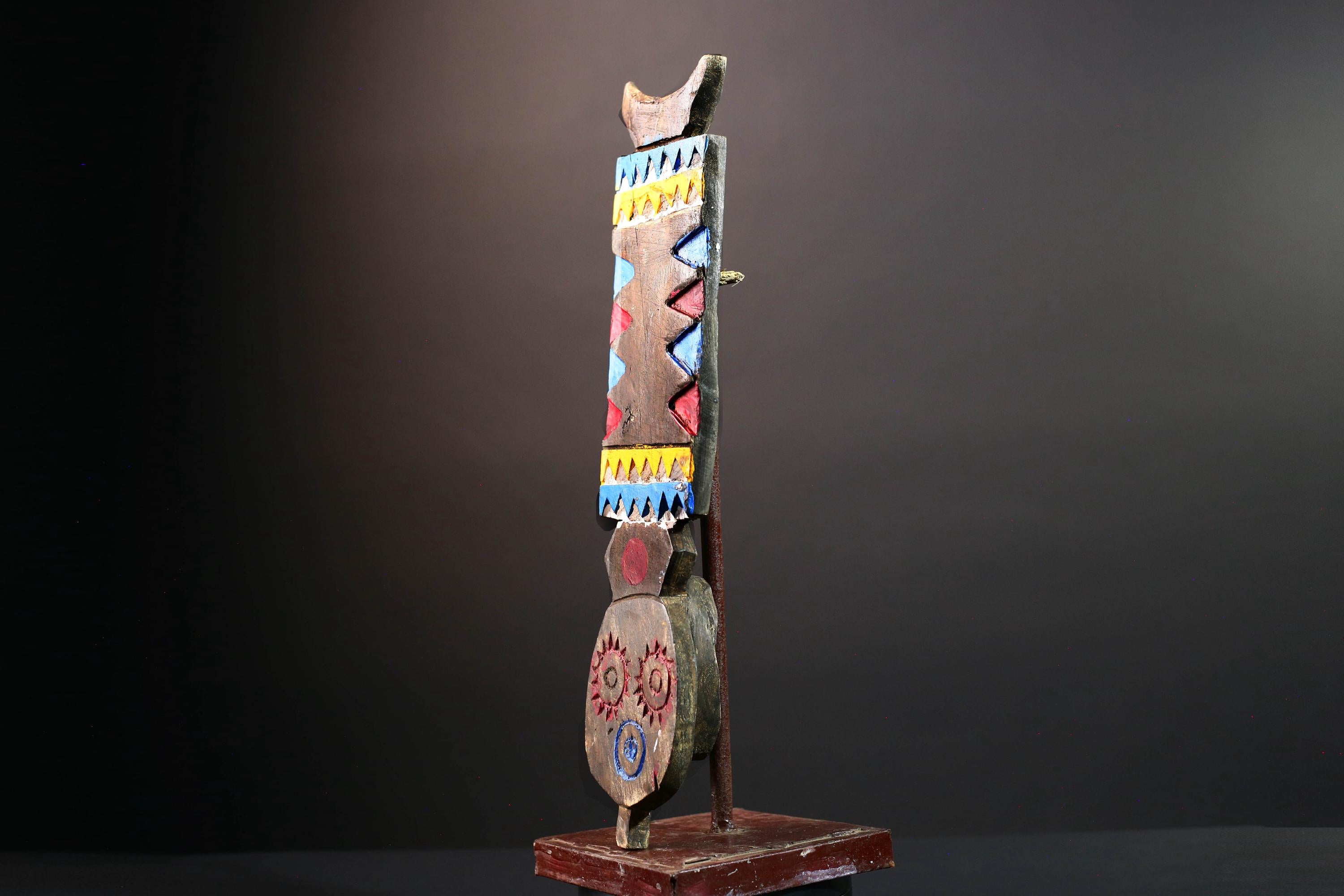 African tribal wall mask bwa plank art handcarved wood sculpture colorful geometric decor from burkina faso west africa G5473