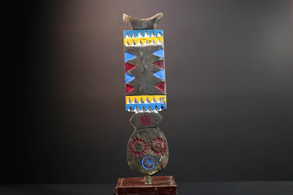 African tribal wall mask bwa plank art handcarved wood sculpture colorful geometric decor from burkina faso west africa G5473