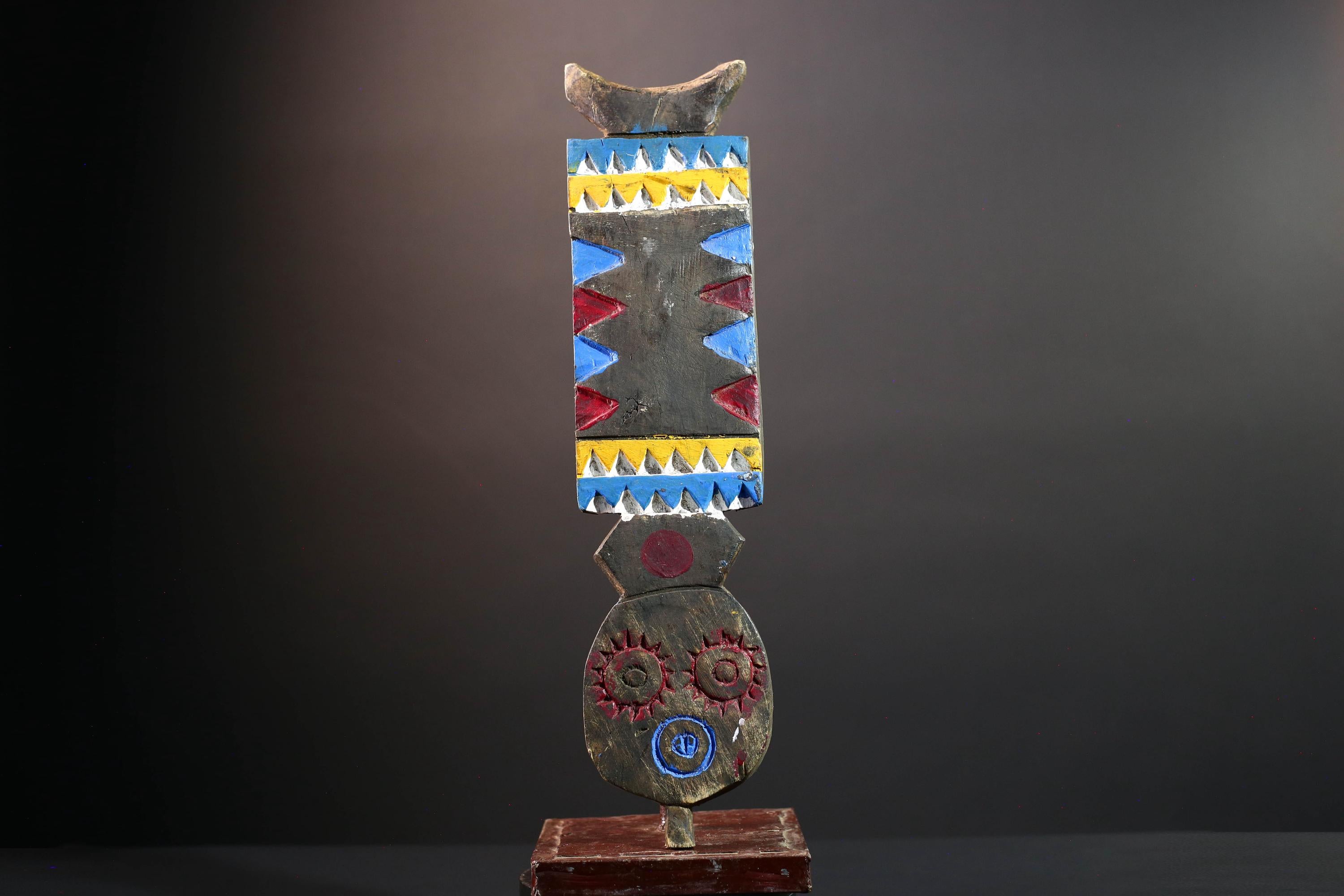 African tribal wall mask bwa plank art handcarved wood sculpture colorful geometric decor from burkina faso west africa G5473