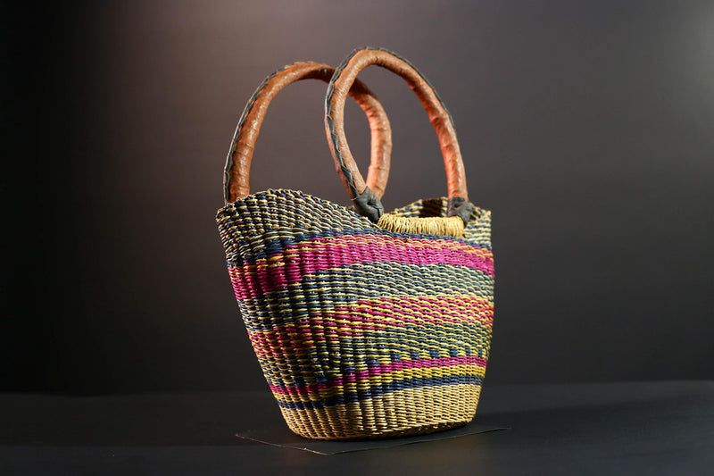 ghana bolga basket market tote handmade woven bag straw african shopping storage decor leather handle vibrant colorful G5477