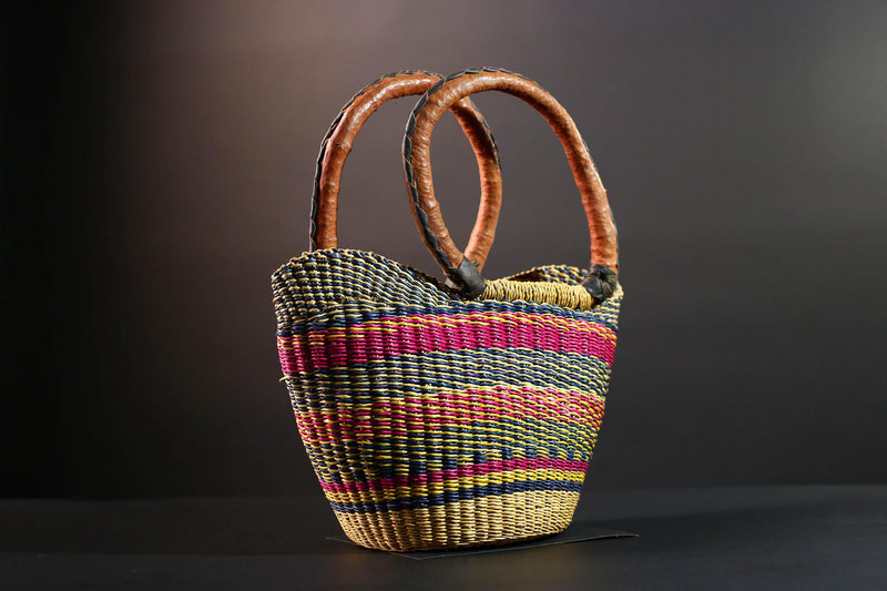 ghana bolga basket market tote handmade woven bag straw african shopping storage decor leather handle vibrant colorful G5477