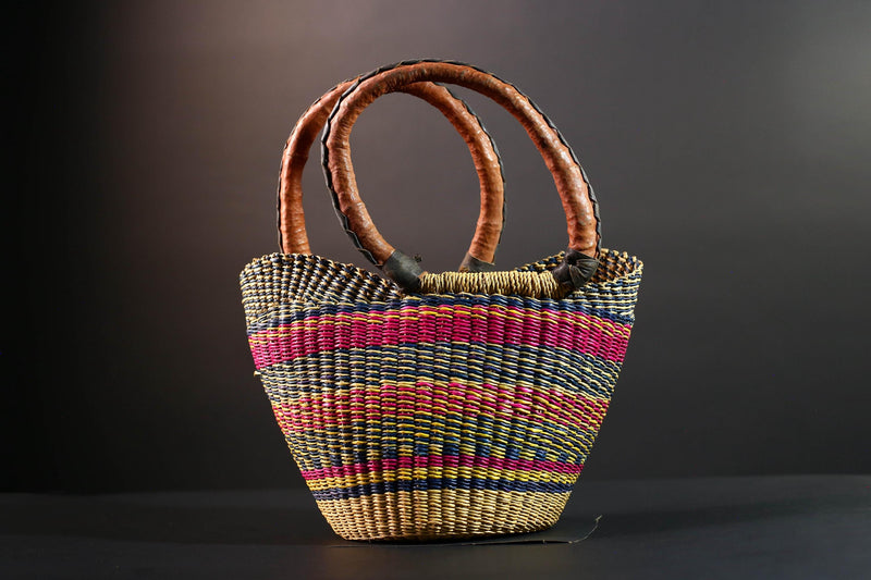 ghana bolga basket market tote handmade woven bag straw african shopping storage decor leather handle vibrant colorful G5477