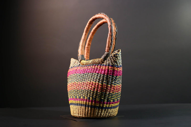 ghana bolga basket market tote handmade woven bag straw african shopping storage decor leather handle vibrant colorful G5477