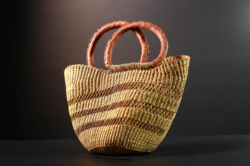 woven bolga market basket natural straw tote handmade ghana bag leather handle african decor shopping storage craft G5478