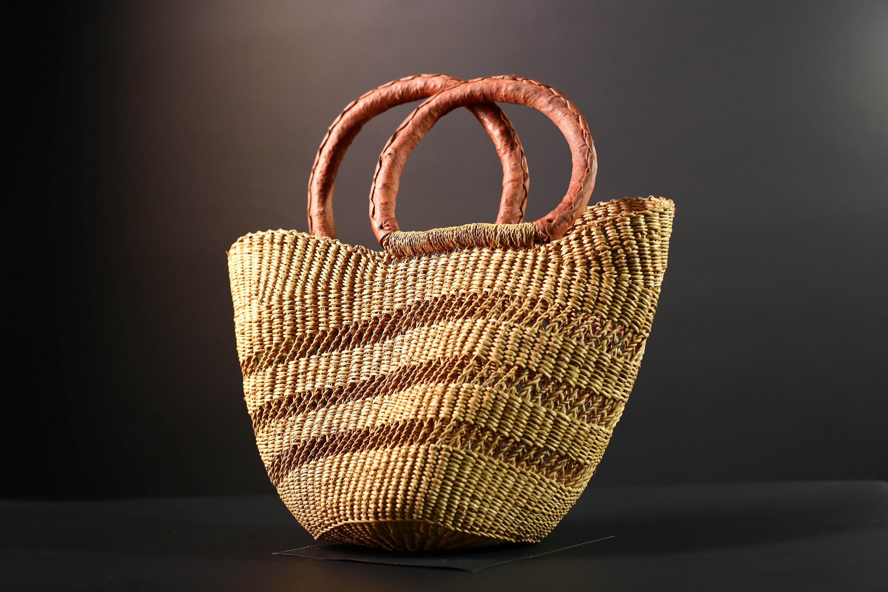 woven bolga market basket natural straw tote handmade ghana bag leather handle african decor shopping storage craft G5478