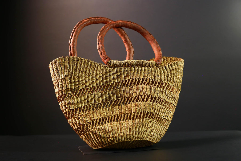 woven bolga market basket natural straw tote handmade ghana bag leather handle african decor shopping storage craft G5478