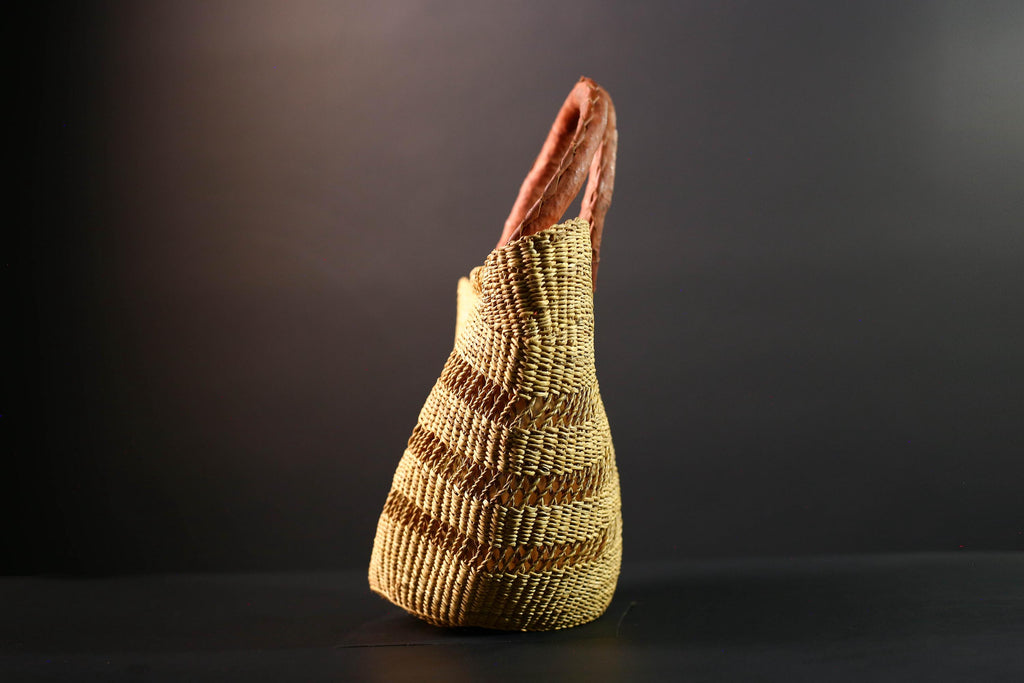 woven bolga market basket natural straw tote handmade ghana bag leather handle african decor shopping storage craft G5478