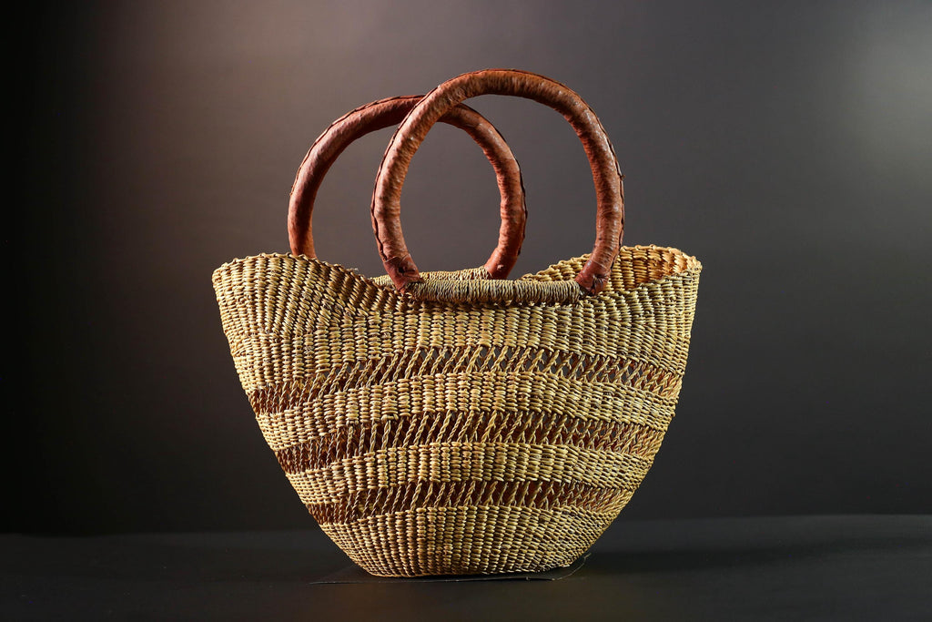 woven bolga market basket natural straw tote handmade ghana bag leather handle african decor shopping storage craft G5478