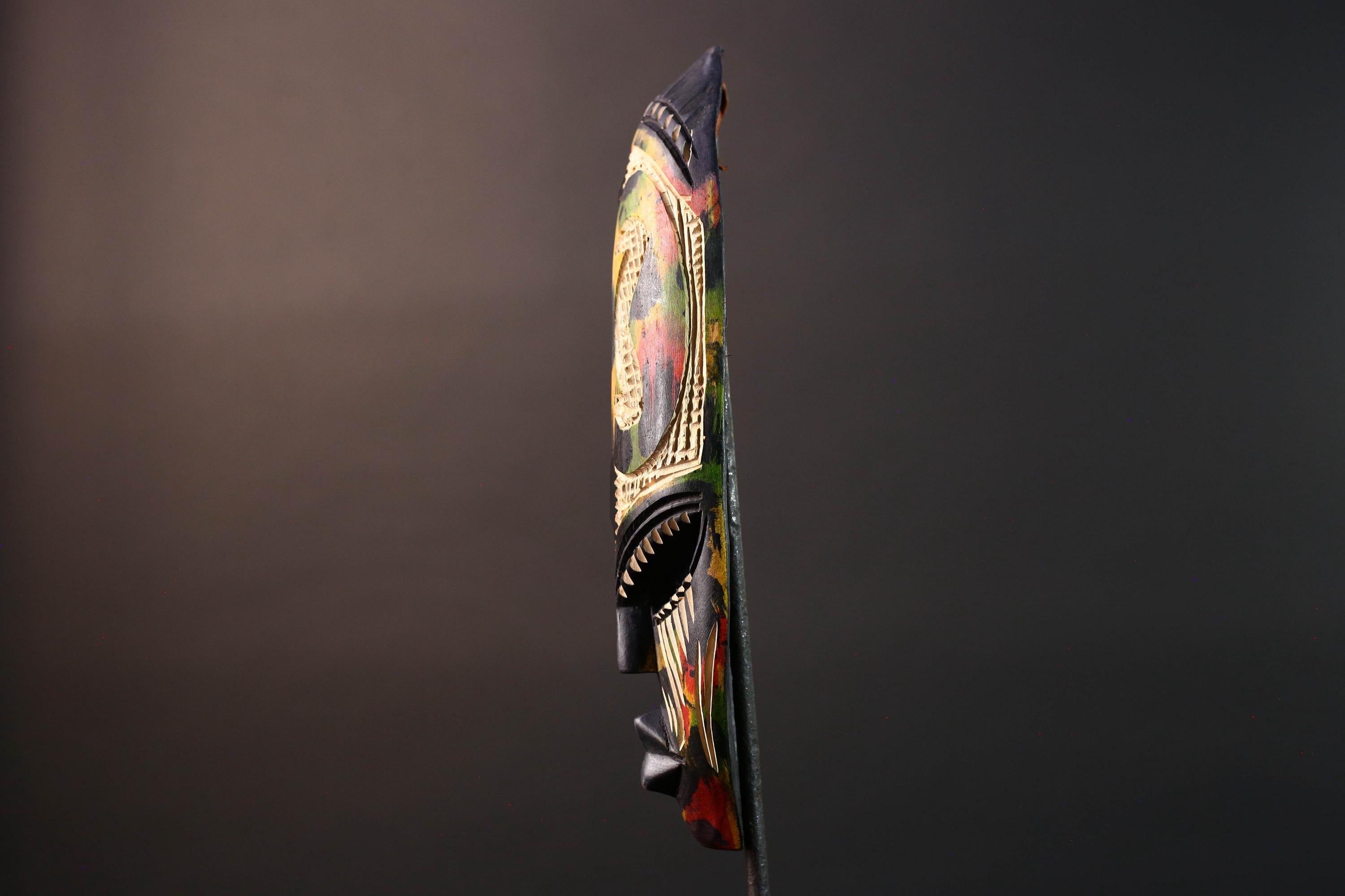 african cobra mask wall art hand carved wood tribal decor baule style snake sculpture multicolor geometric spiritual G5479