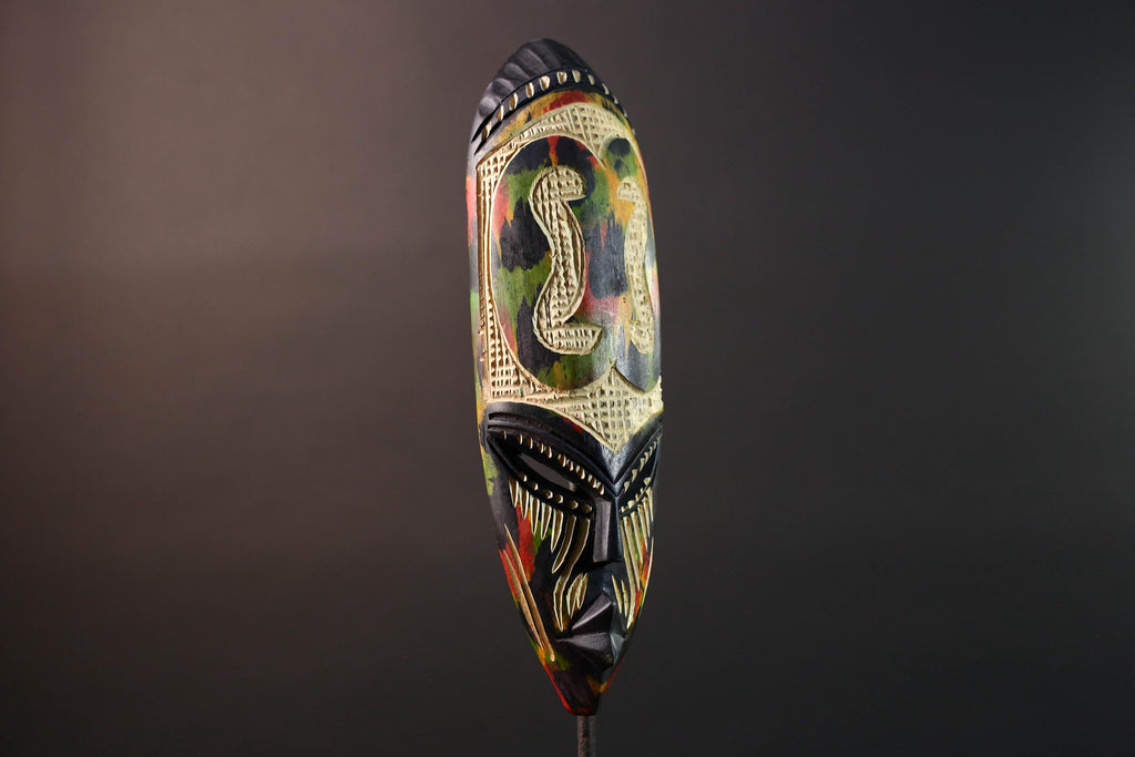 african cobra mask wall art hand carved wood tribal decor baule style snake sculpture multicolor geometric spiritual G5479