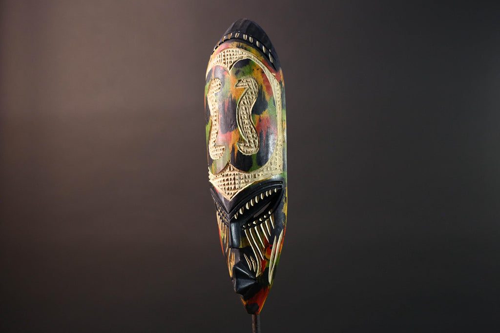 african cobra mask wall art hand carved wood tribal decor baule style snake sculpture multicolor geometric spiritual G5479