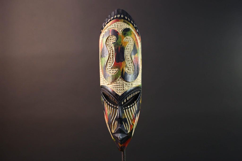 african cobra mask wall art hand carved wood tribal decor baule style snake sculpture multicolor geometric spiritual G5479
