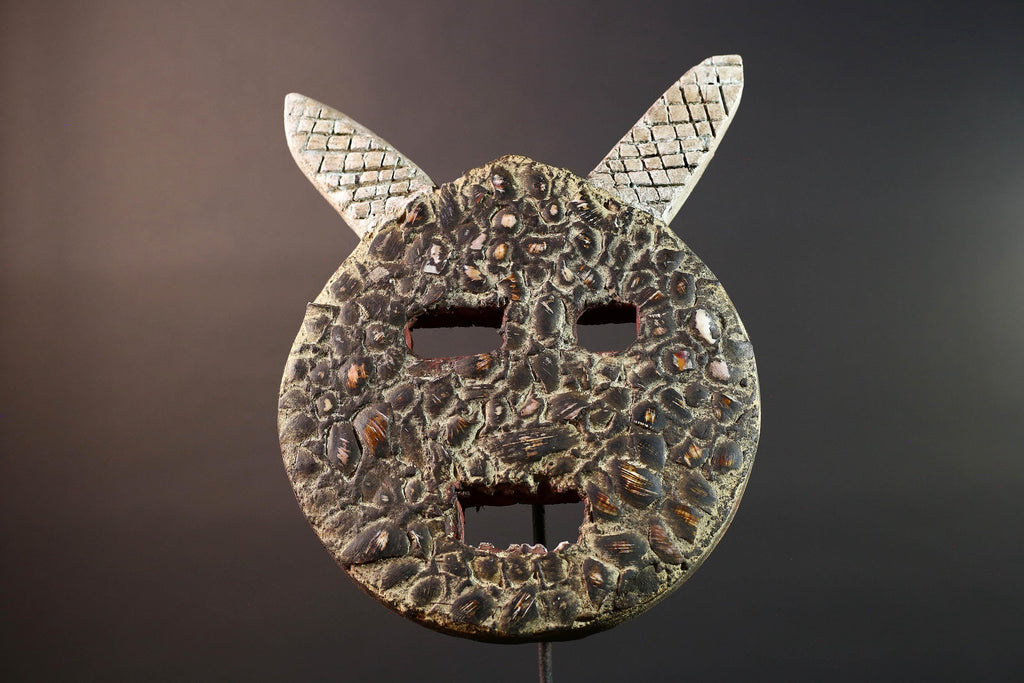 bwa plank mask african tribal wall art circular wood carving burkina faso spirit decor textured ritual face sculpture G5480
