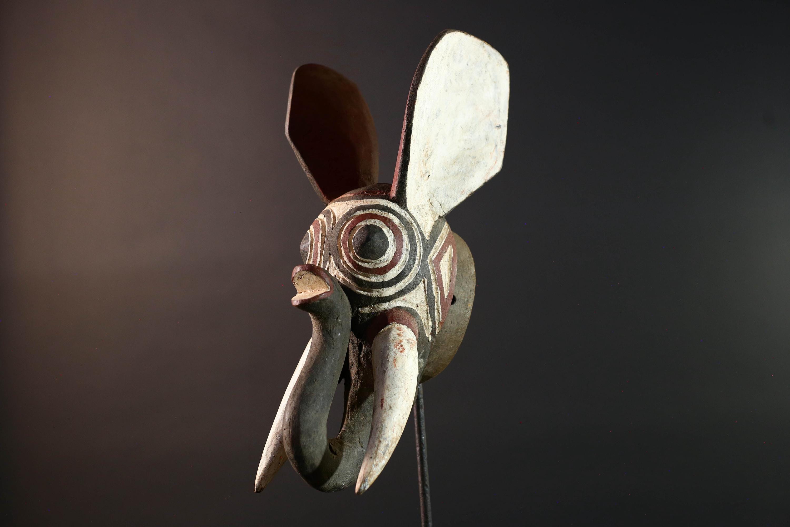 african elephant mask bwa tribal wall art burkina faso carving wood sculpture tusks animal spirit decor handmade festival  G5483