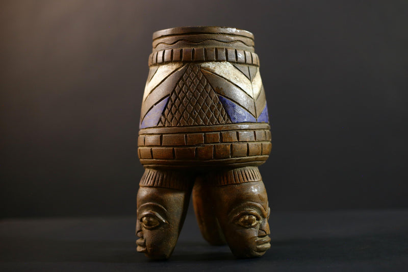 African Luba divination vessel,Tribal carved ritual container,Congo spirit figure jar,Wooden sacred storage art-G5359