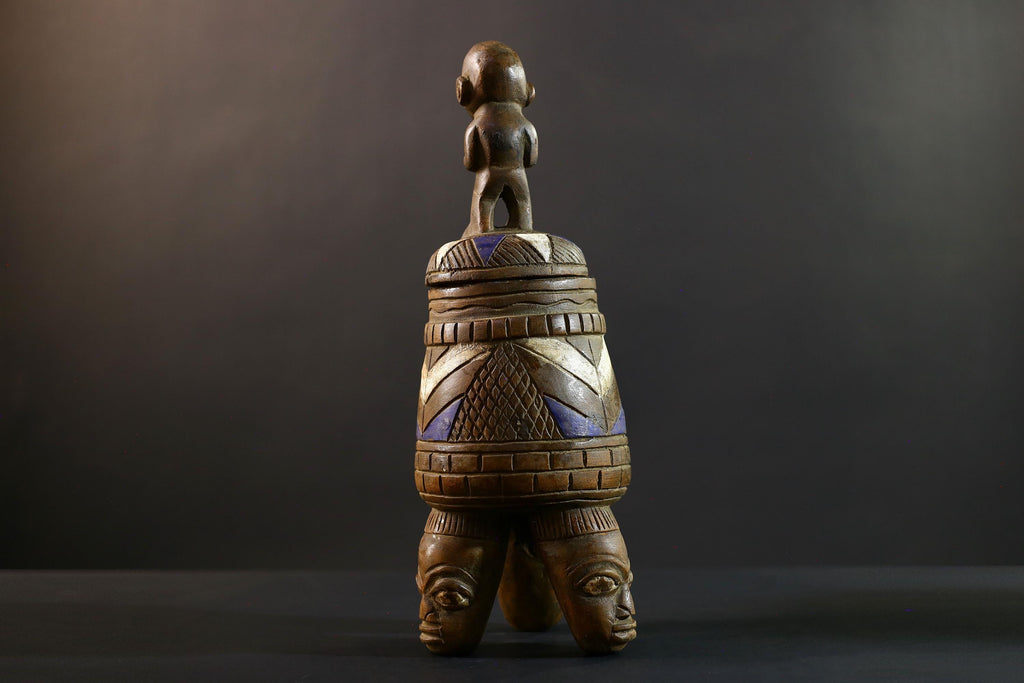 African Luba divination vessel,Tribal carved ritual container,Congo spirit figure jar,Wooden sacred storage art-G5359