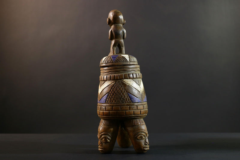 African Luba divination vessel,Tribal carved ritual container,Congo spirit figure jar,Wooden sacred storage art-G5359
