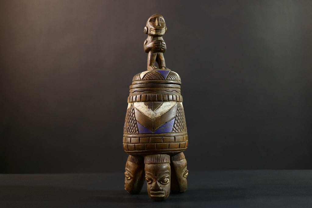 African Luba divination vessel,Tribal carved ritual container,Congo spirit figure jar,Wooden sacred storage art-G5359