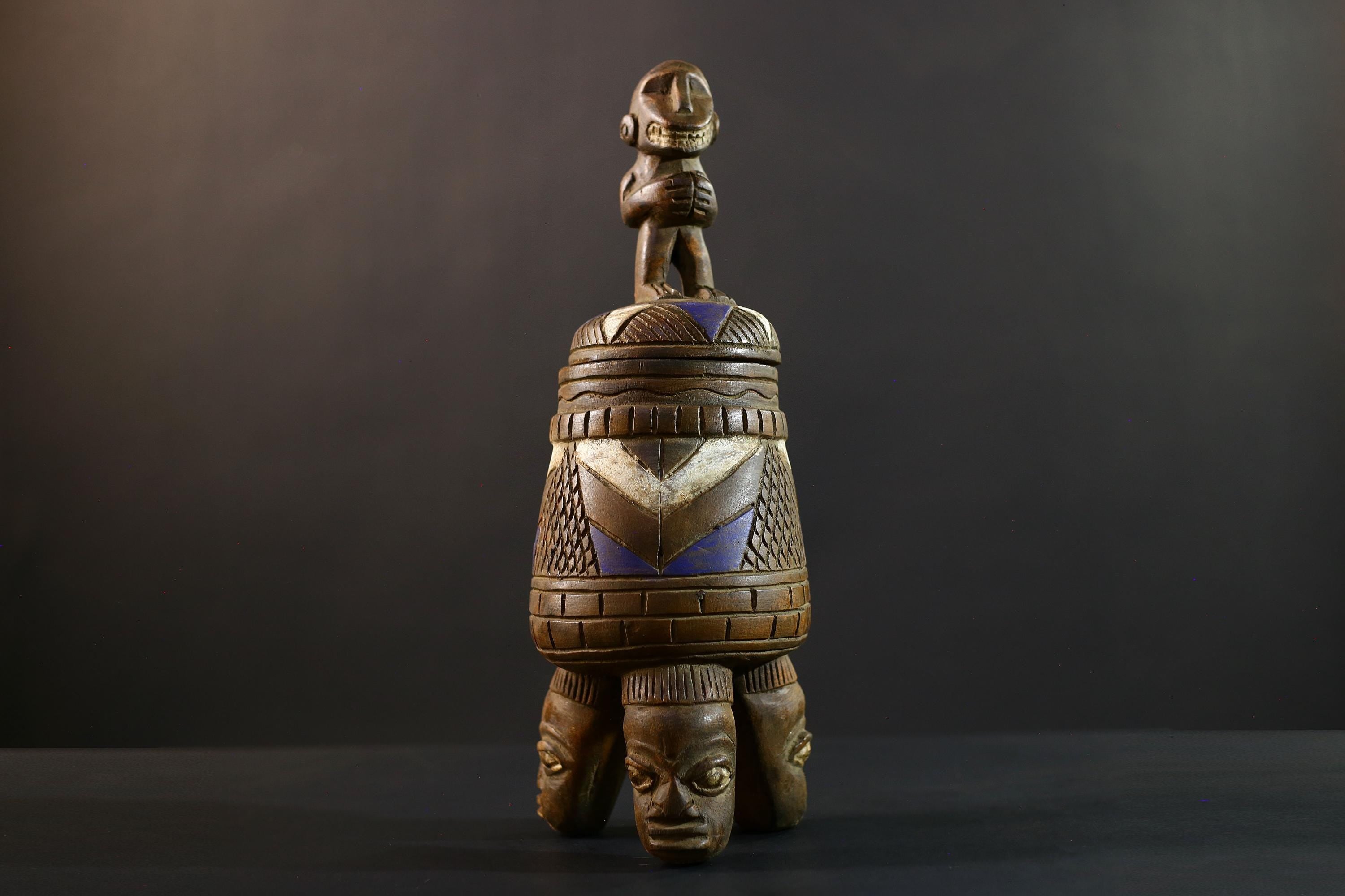 African Luba divination vessel,Tribal carved ritual container,Congo spirit figure jar,Wooden sacred storage art-G5359