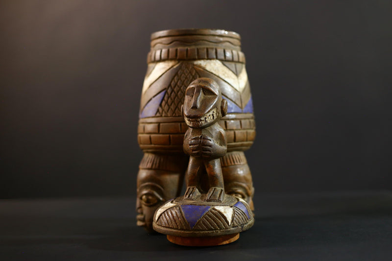 African Luba divination vessel,Tribal carved ritual container,Congo spirit figure jar,Wooden sacred storage art-G5359
