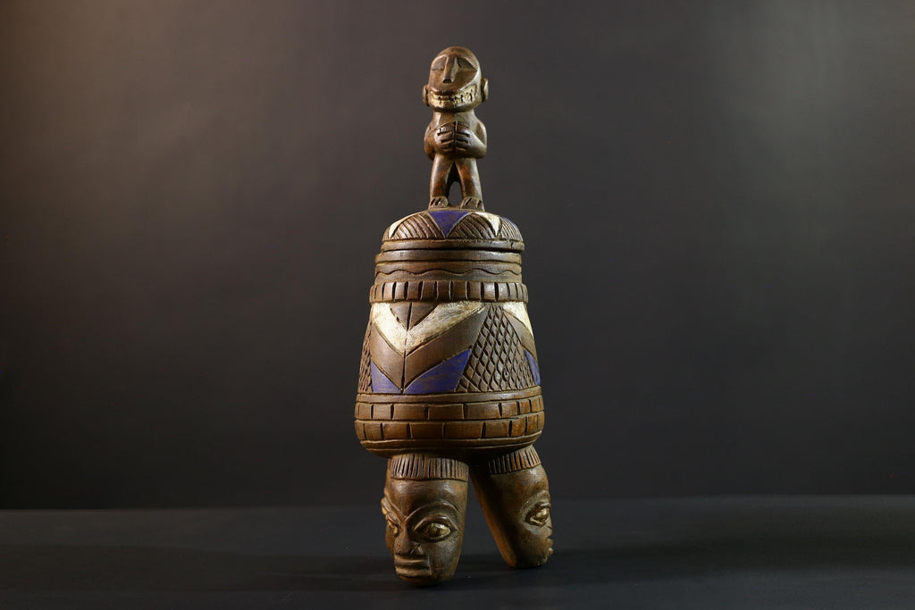 African Luba divination vessel,Tribal carved ritual container,Congo spirit figure jar,Wooden sacred storage art-G5359