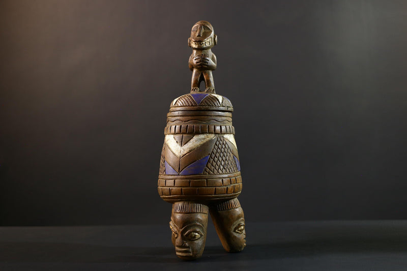 African Luba divination vessel,Tribal carved ritual container,Congo spirit figure jar,Wooden sacred storage art-G5359