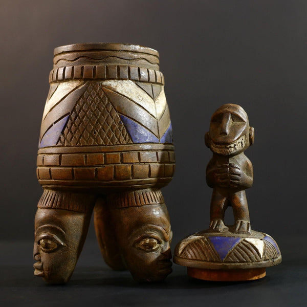 African Luba divination vessel,Tribal carved ritual container,Congo spirit figure jar,Wooden sacred storage art-G5359