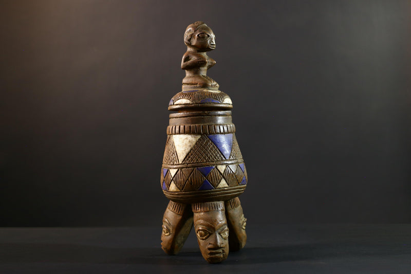 African Luba divination vessel,Tribal carved ritual container,Congo spirit figure jar,Wooden sacred storage art-G5358