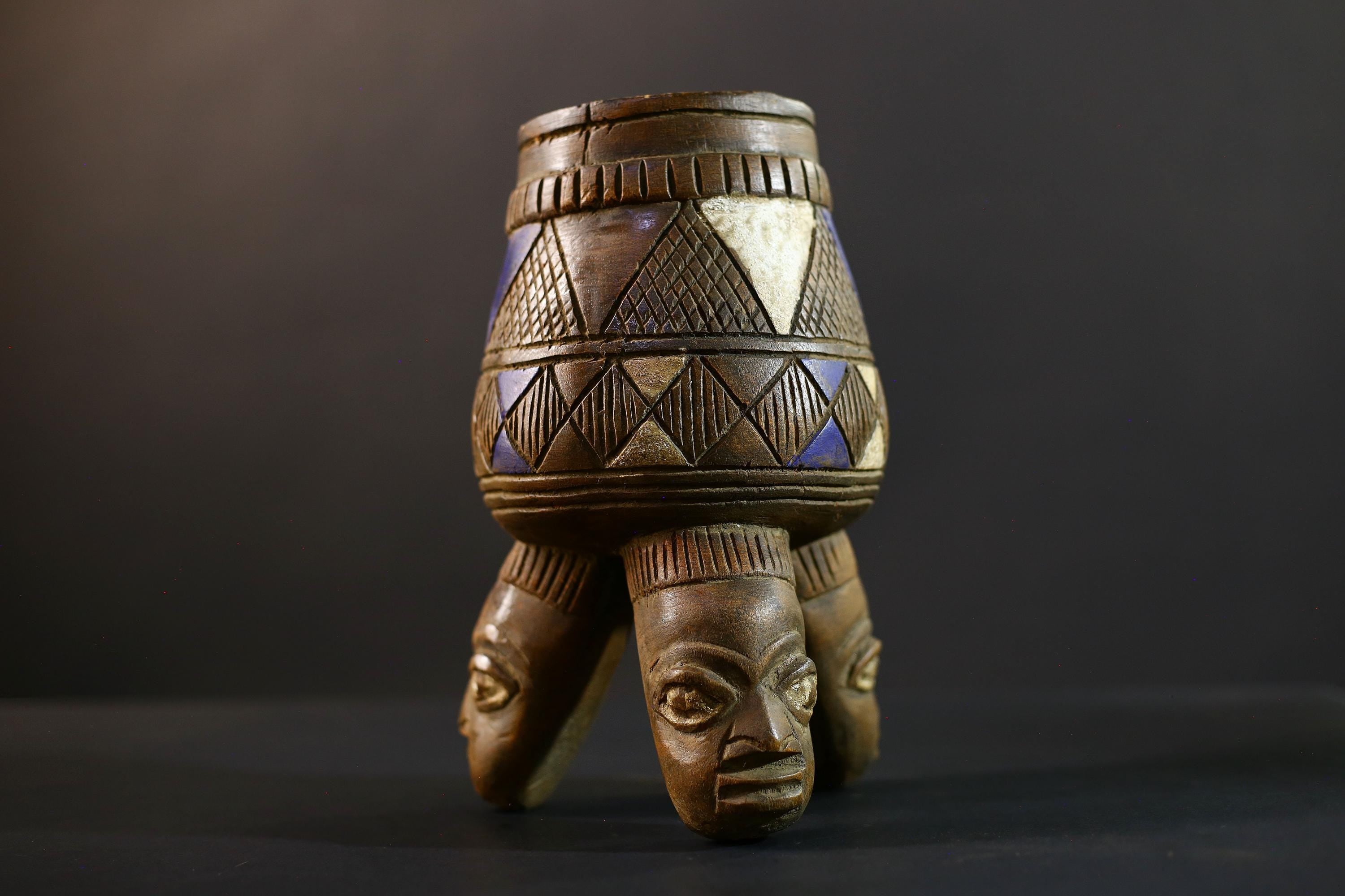 African Luba divination vessel,Tribal carved ritual container,Congo spirit figure jar,Wooden sacred storage art-G5358