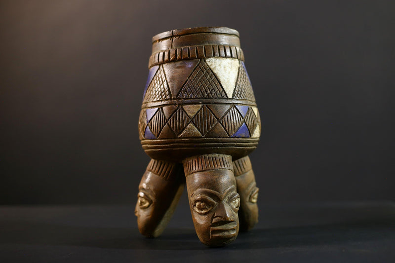 African Luba divination vessel,Tribal carved ritual container,Congo spirit figure jar,Wooden sacred storage art-G5358