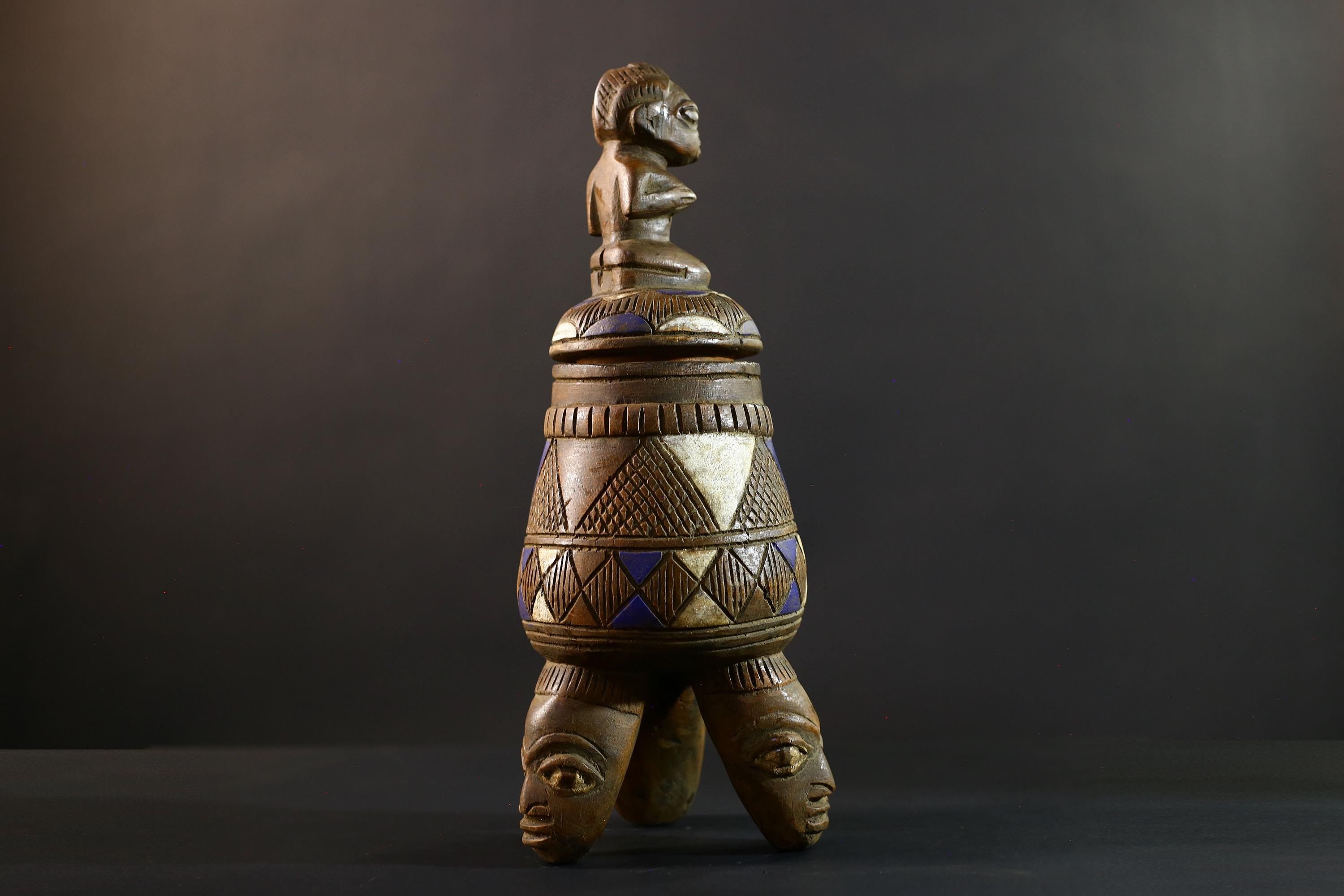 African Luba divination vessel,Tribal carved ritual container,Congo spirit figure jar,Wooden sacred storage art-G5358