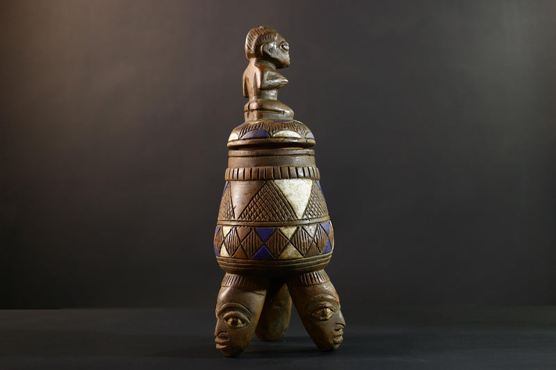 African Luba divination vessel,Tribal carved ritual container,Congo spirit figure jar,Wooden sacred storage art-G5358